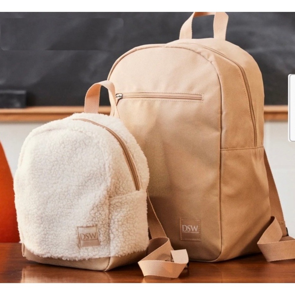DSW Tan Canvas Backpack and Mini Sherpa Backpack Set Neutral Bundle